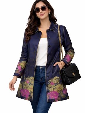 TravelSmith Navy Floral Coat with Pink & Yellow Floral Accents Sz L EUC